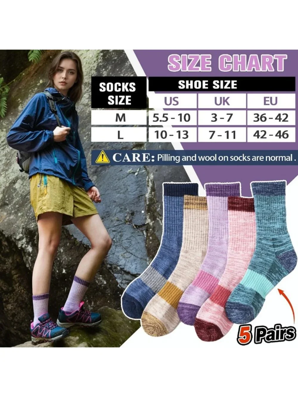 Cozy Merino Wool Hiking Socks - Thermal, Cushioned, Moisture-Wicking, 5 Pairs